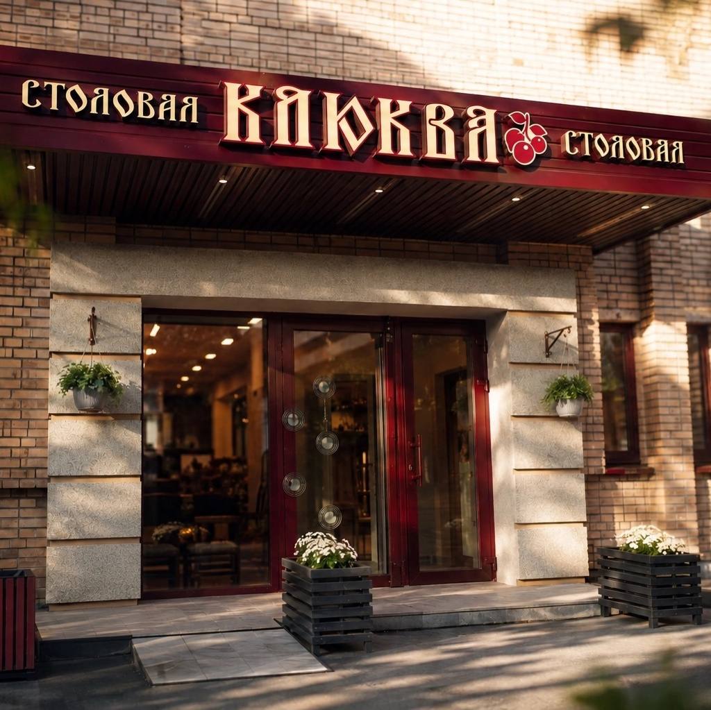 Вход в столовую Клюква с бордовой вывеской