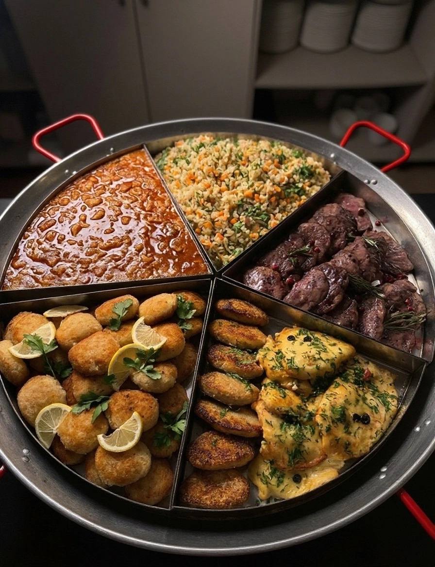 Круглая раздача с несколькими готовыми блюдами в Клюкве